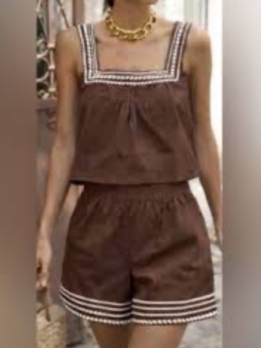 Caroline Constas Brown Cotton Embroidered Trim Tank & Short Set Size Small - Picture 2 of 11